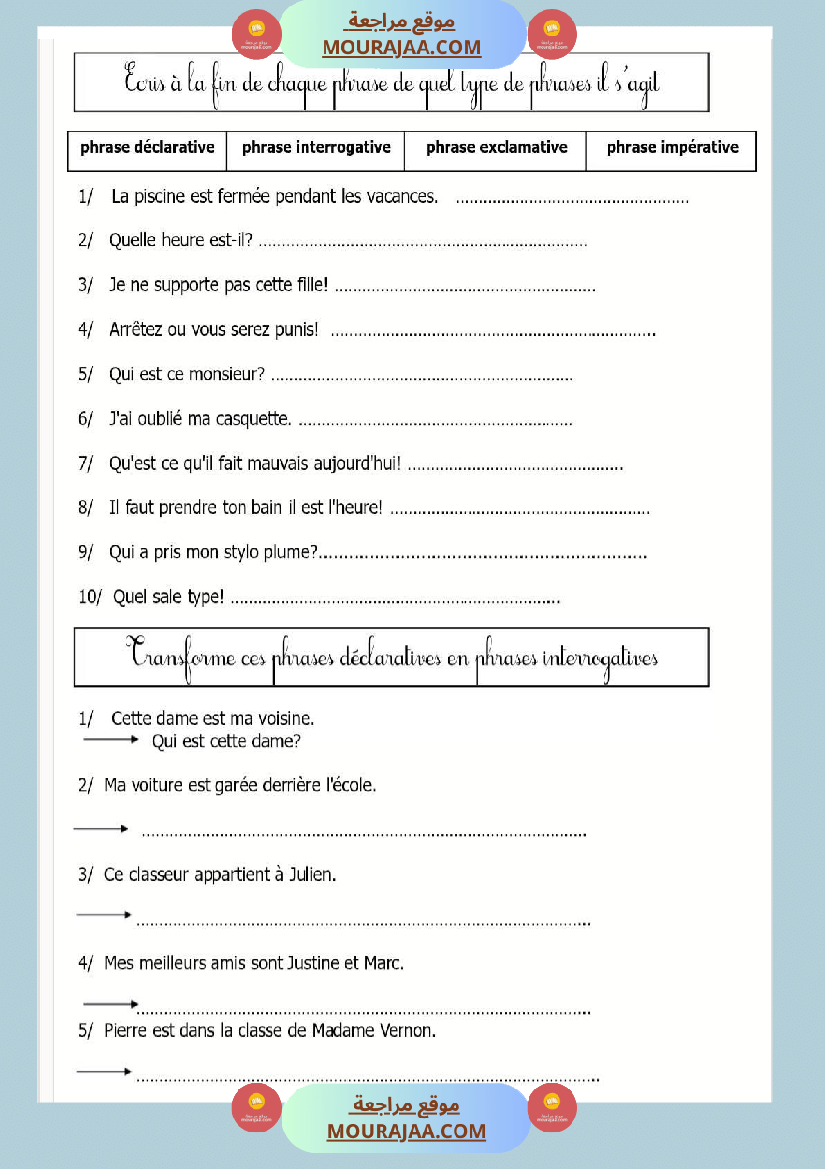 langue les differents types de phrases 4eme