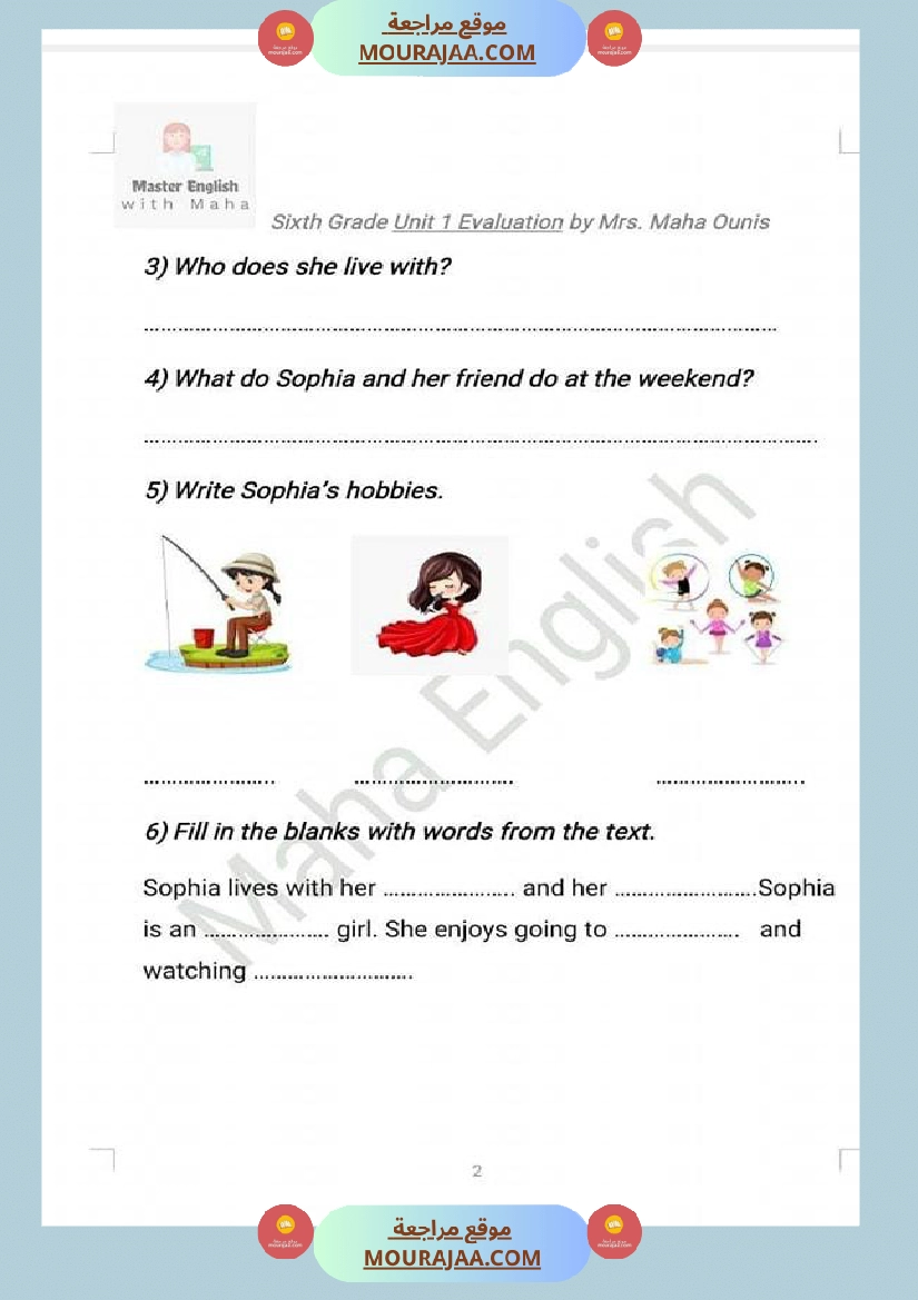 تقييم الوحدة الأولى انجليزية سنة سادسة مرفق بالاصلاح صفحة 2