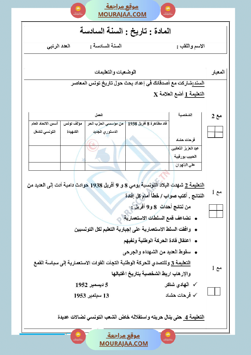 إمتحانات سنة سادسة ابتدائي تاريخ الثلاثي الأول
