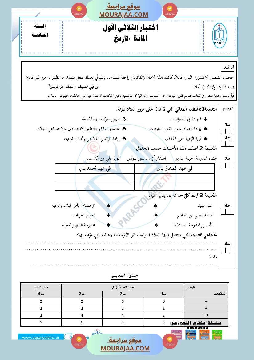 إمتحانات سنة سادسة ابتدائي تاريخ الثلاثي الأول صفحة 6