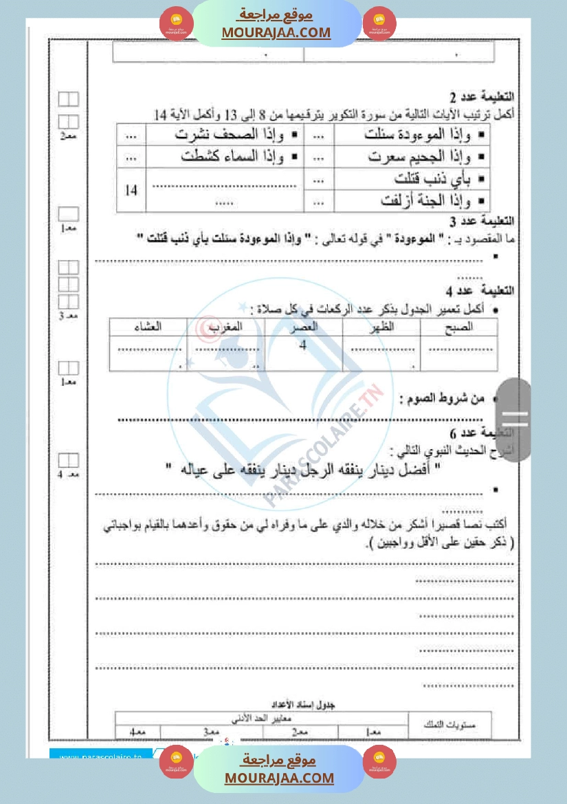 إمتحانات سنة سادسة ابتدائي تربية اسلامية الثلاثي الأول صفحة 13
