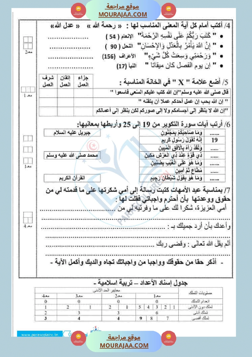 إمتحانات سنة سادسة ابتدائي تربية اسلامية الثلاثي الأول صفحة 14