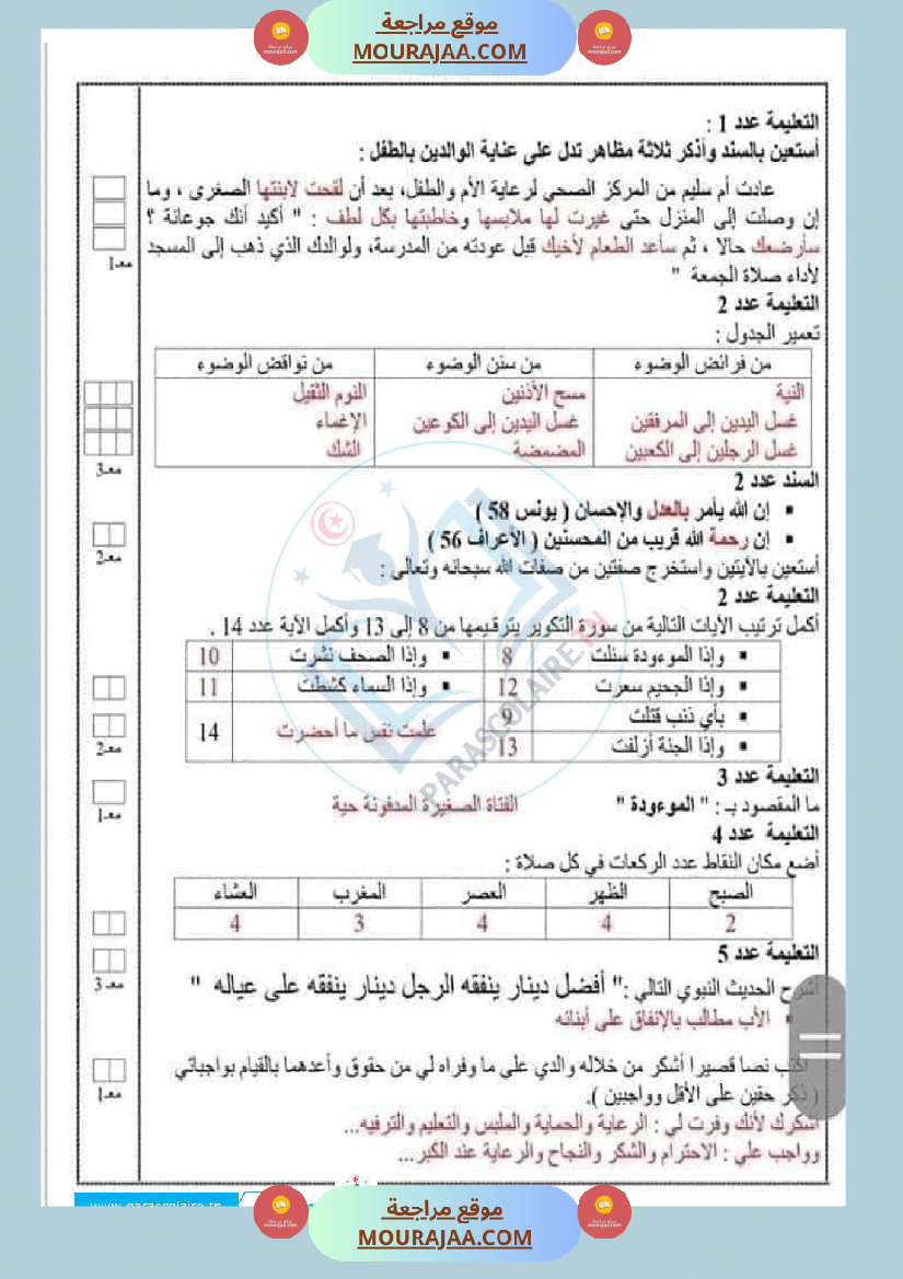 إمتحانات سنة سادسة ابتدائي تربية اسلامية الثلاثي الأول
