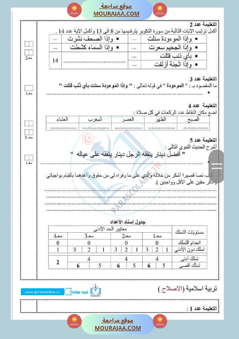 إمتحانات سنة سادسة ابتدائي تربية اسلامية الثلاثي الأول