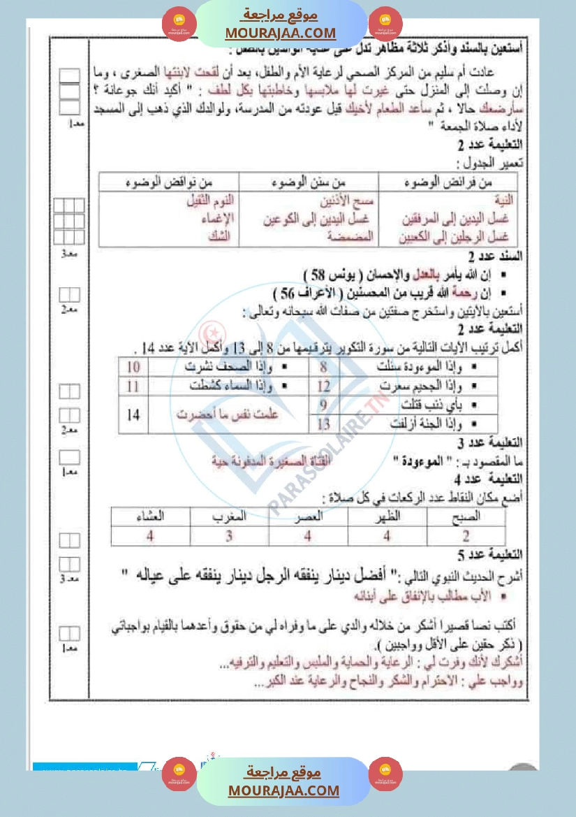 امتحانات الثلاثي الاول سنة سادسة اسلامية صفحة 14