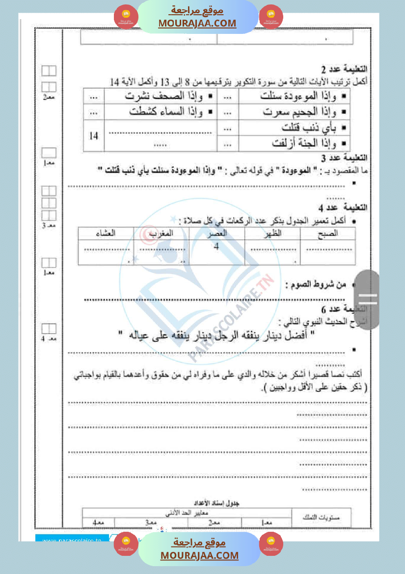 امتحانات الثلاثي الاول سنة سادسة اسلامية