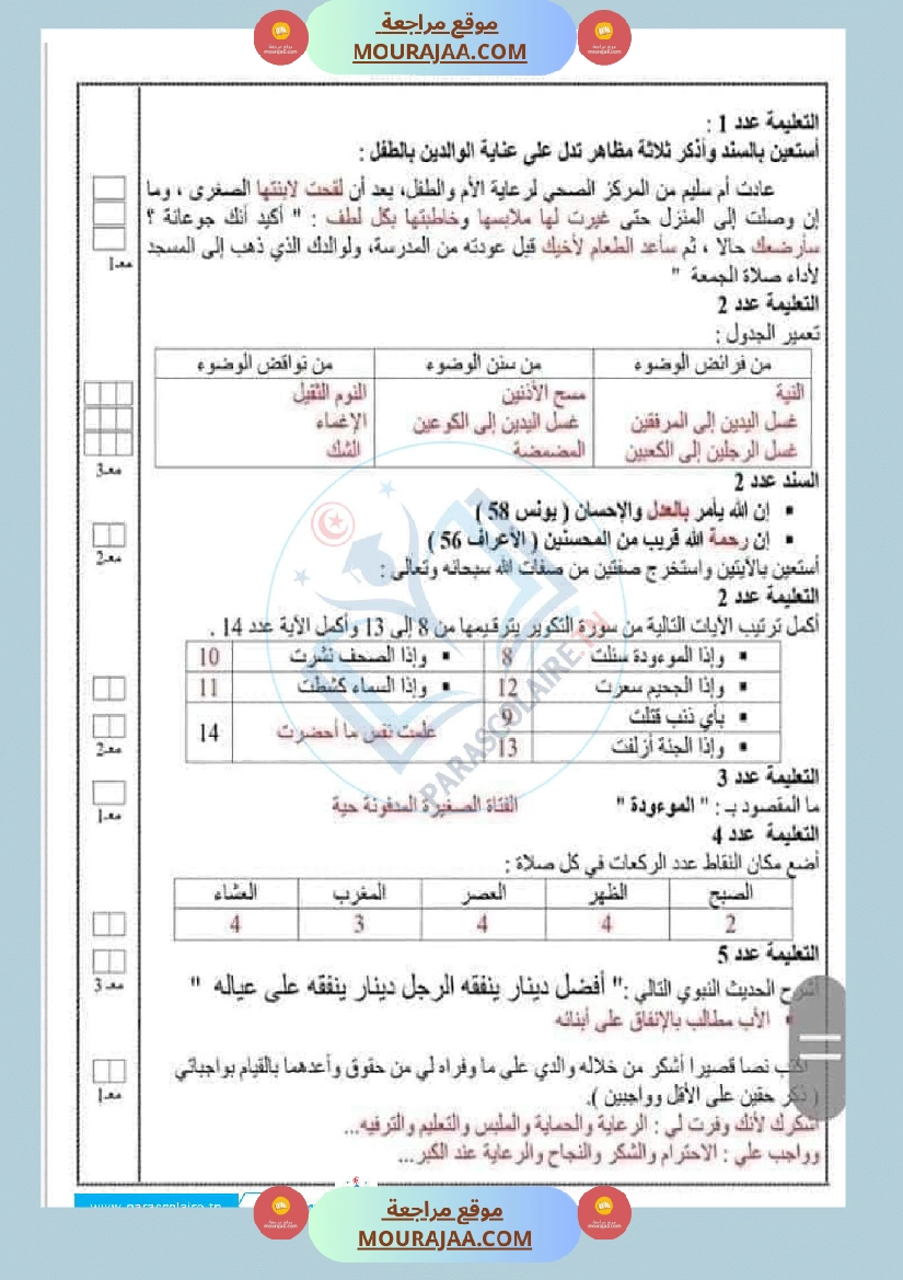 امتحانات الثلاثي الاول سنة سادسة اسلامية صفحة 7