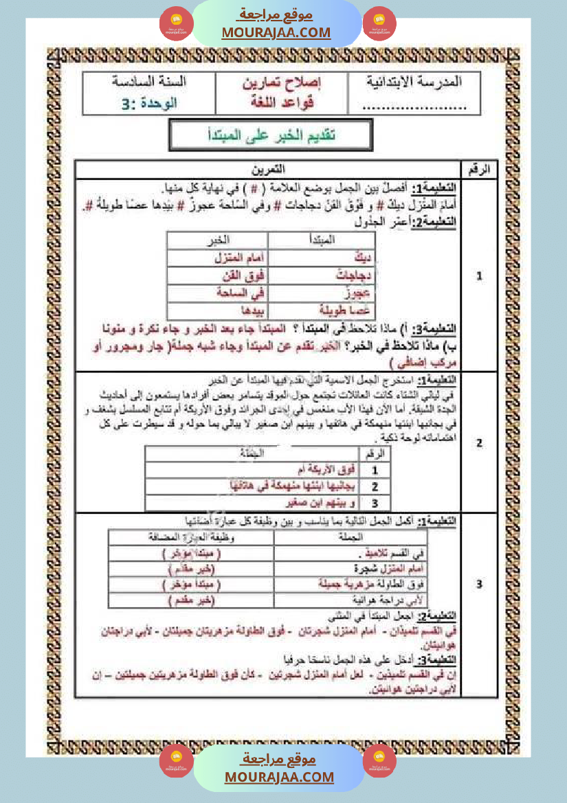اختبارات قواعد اللغة للسنة السادسة مرفقة بالإصلاح الثلاثي 1