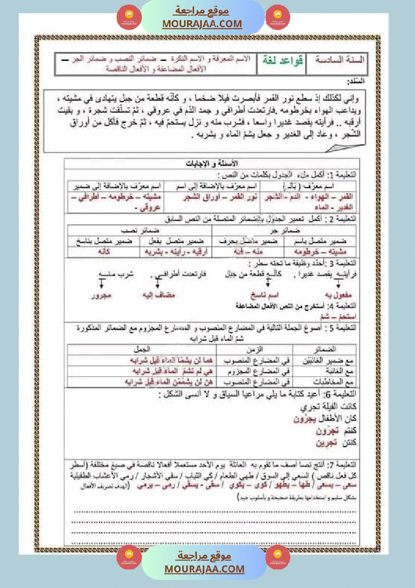 اختبارات قواعد اللغة للسنة السادسة مرفقة بالإصلاح الثلاثي 1