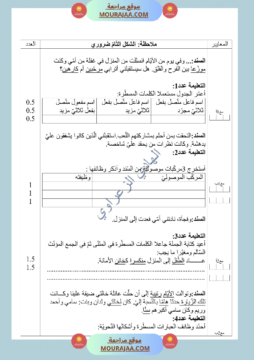 تقييم لغة وإنتاج كتابي سنة سادسة نهاية الثلاثي الثالث