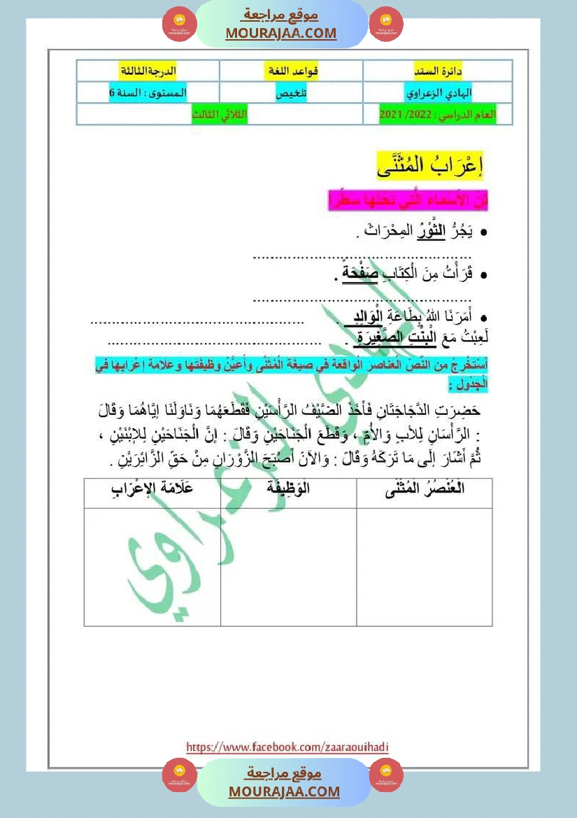 دعــــــــــــــــــــــــم إضافي في قواعد اللغة للسنة السادسة الثلاثي الثالث
