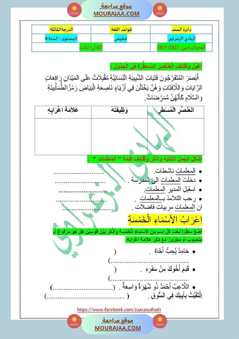 دعــــــــــــــــــــــــم إضافي في قواعد اللغة للسنة السادسة الثلاثي الثالث صفحة 4