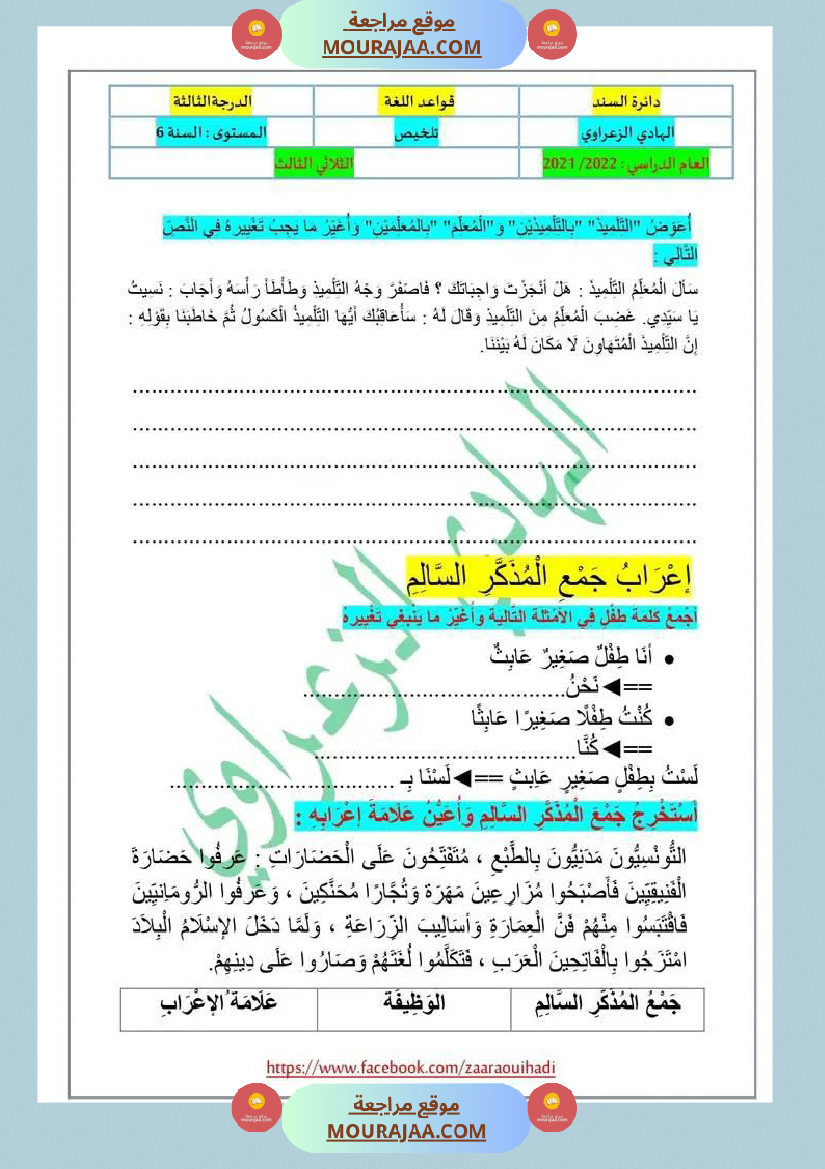 دعــــــــــــــــــــــــم إضافي في قواعد اللغة للسنة السادسة الثلاثي الثالث