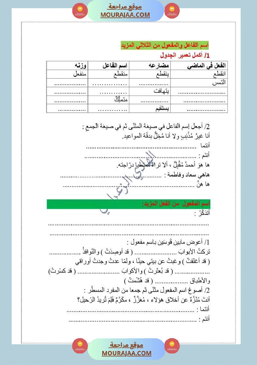 دعم إضافي في اسم الفاعل والمفعول من المزيد س 6