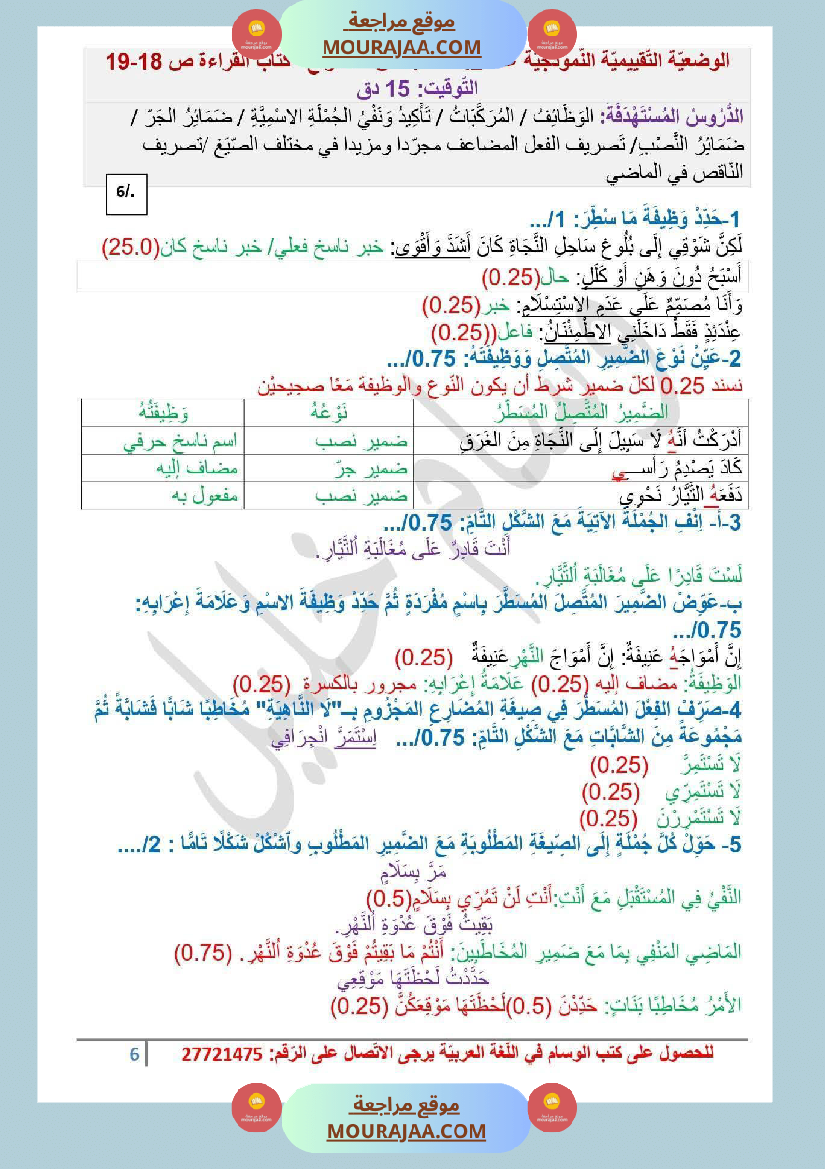 سادسة ابتدائي عربية الثلاثي الأول وضعيات تقييمية قواعد اللغة