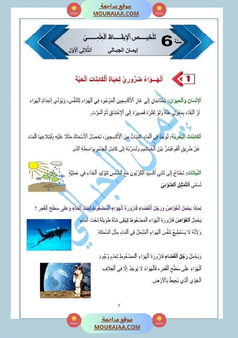 سادسة إبتدائي ايقاظ علمي الثلاثي الاول ملخصات دروس الدرس 1 الهواء ضروري لحياة الكائنات الحية