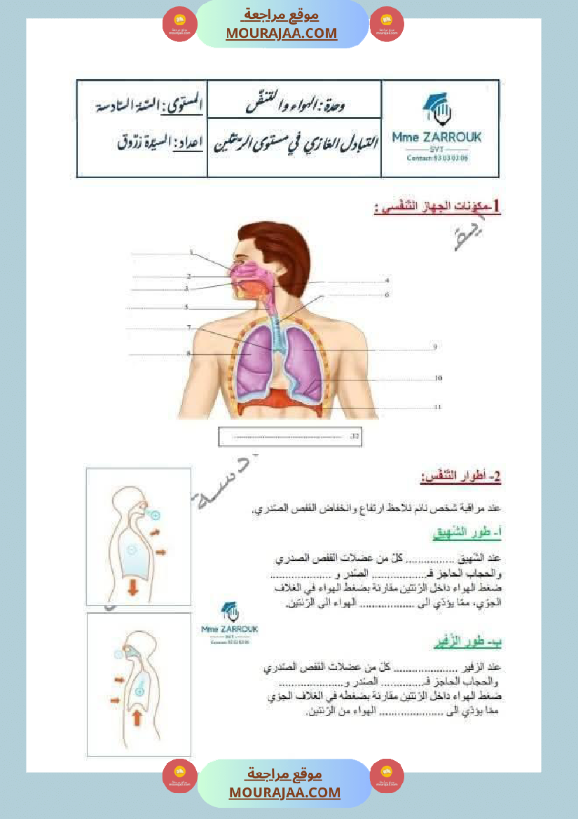 سادسة إبتدائي ايقاظ علمي الثلاثي الاول وحدة الهواء و التنفس
