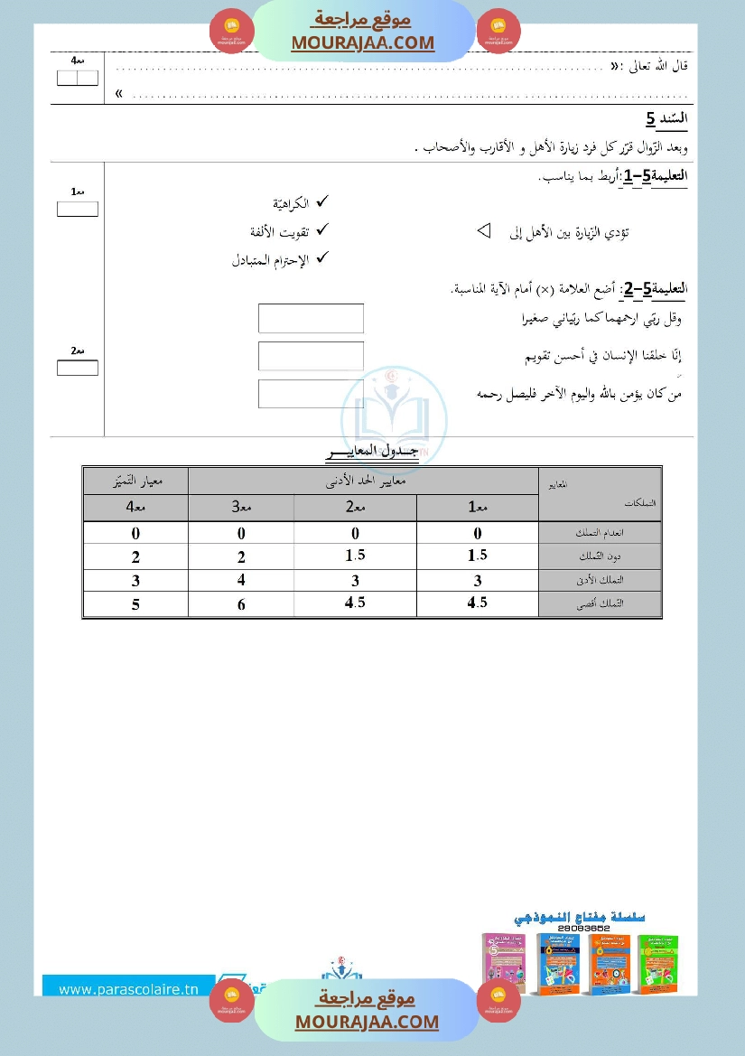 إمتحان سنة ثالثة ابتدائي تربية إسلامية الثلاثي الأول