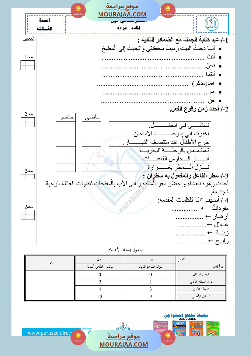 إمتحان سنة الثالثة ابتدائي لغة الثلاثي الأول