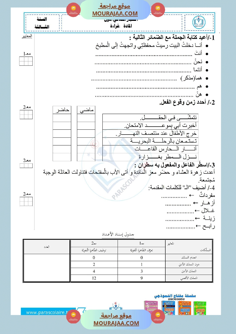 إمتحان سنة الثالثة ابتدائي لغة الثلاثي الأول