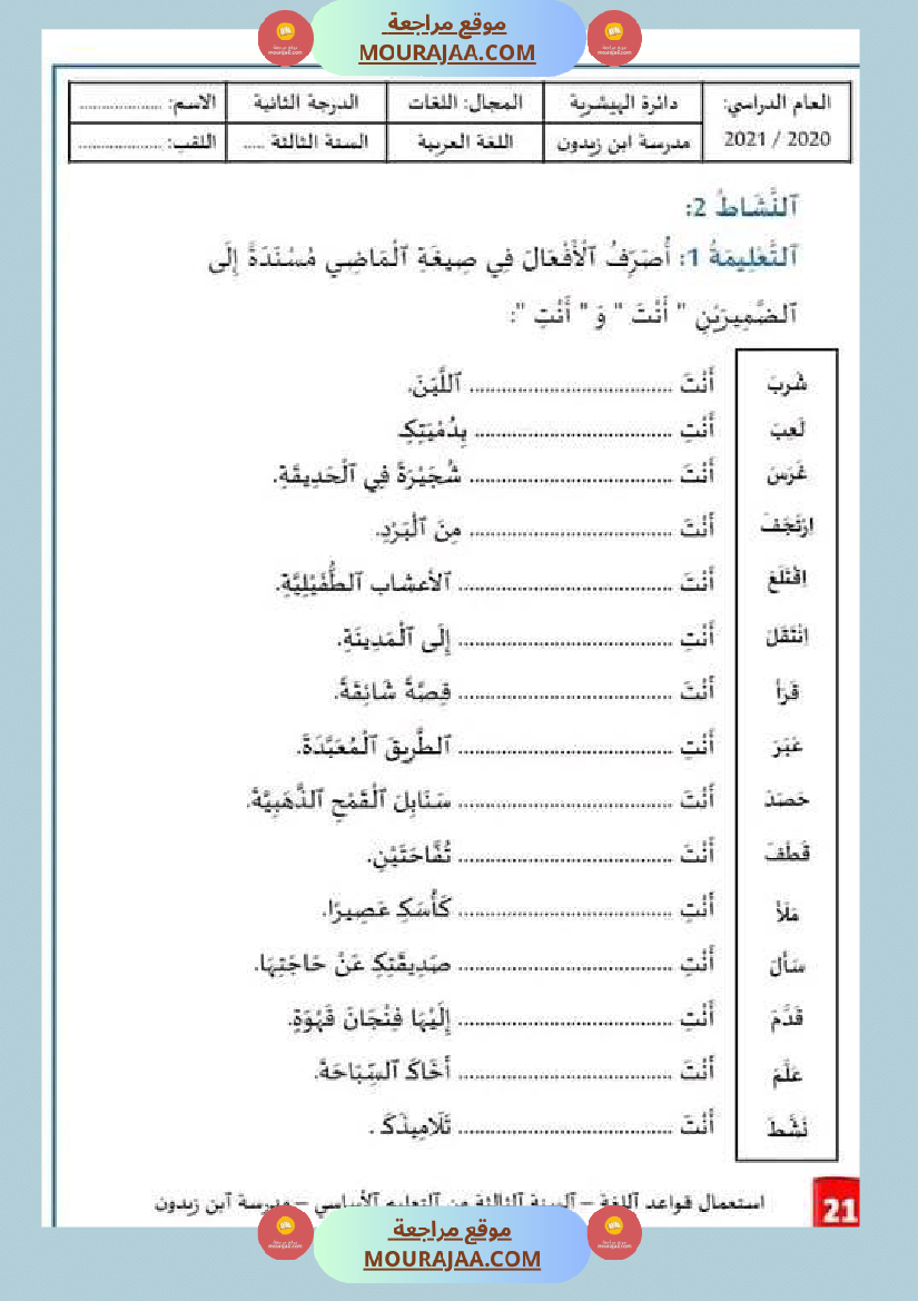استعمال قواعد اللغة السنة الثالثة من التعليم الأساسي الوحدة الثانية