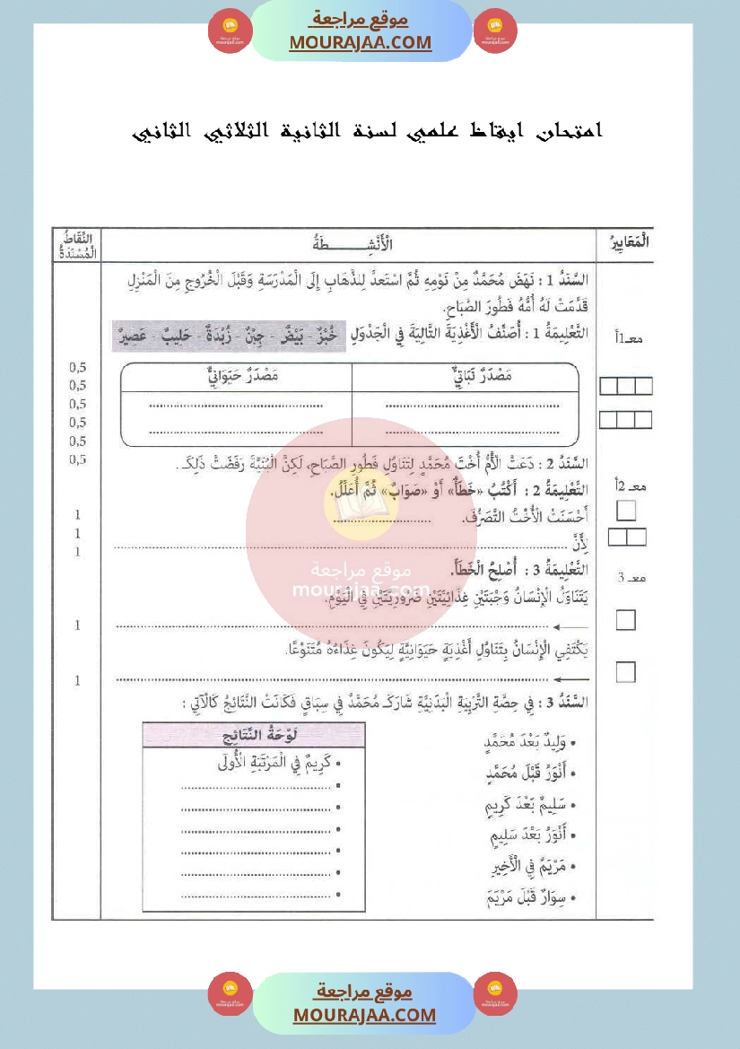 امتحان في ايقاظ علمي سنة الثانية الثلاثي الثاني