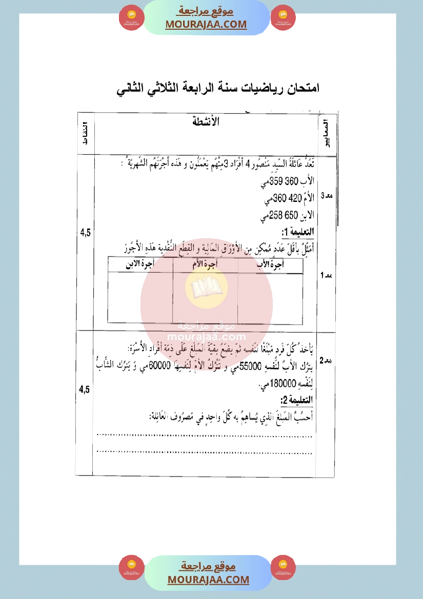 امتحان رياضيات السنة الرابعة الثلاثي الثاني