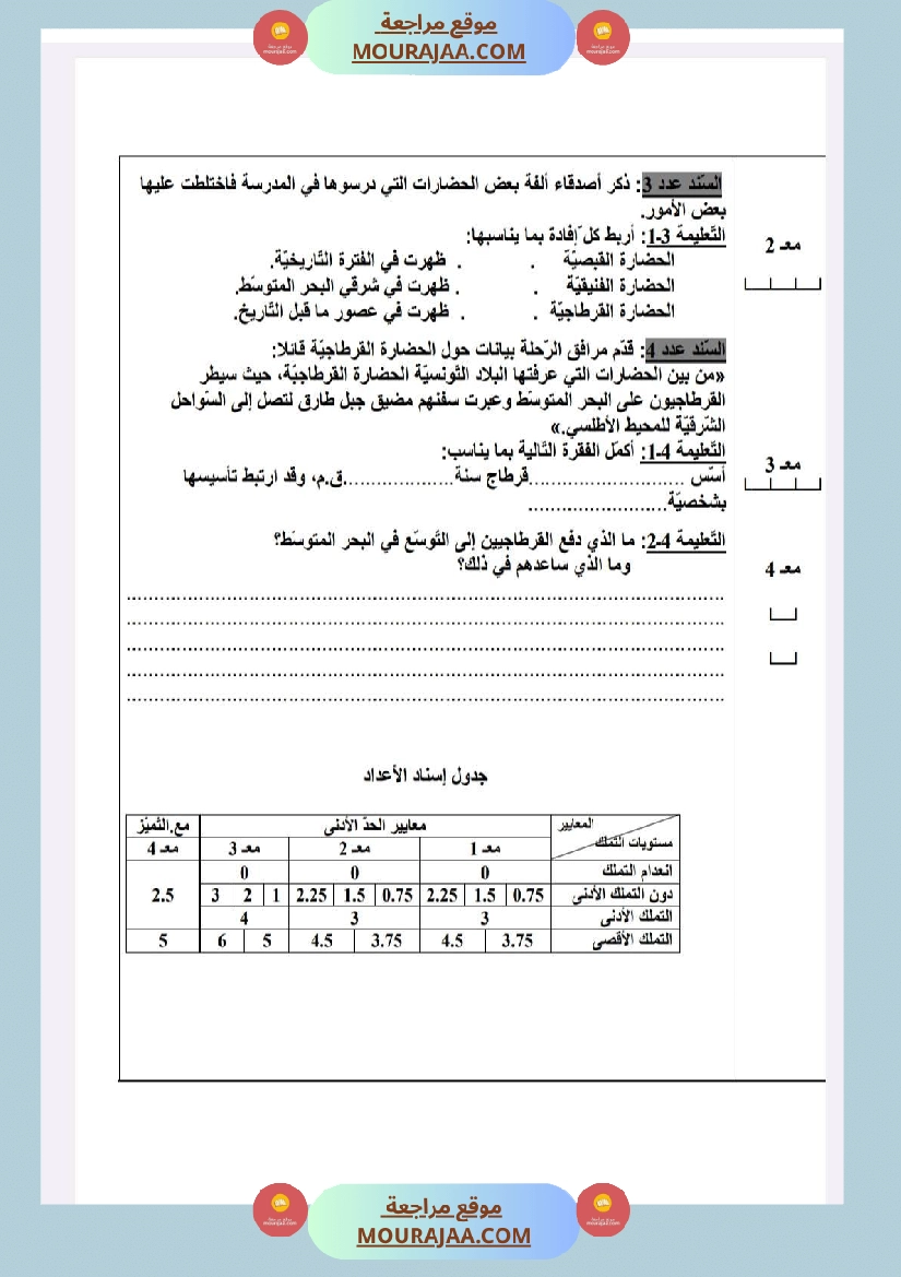 امتحانات التاريخ الثلاثي الأول السنة الخامسة صفحة 2