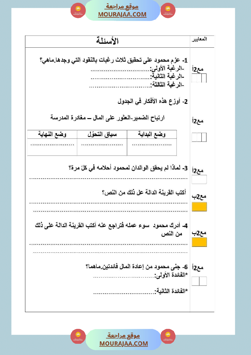 امتحانات السنة الخامسة قراءة و قواعد لغة الثلاثي الأول