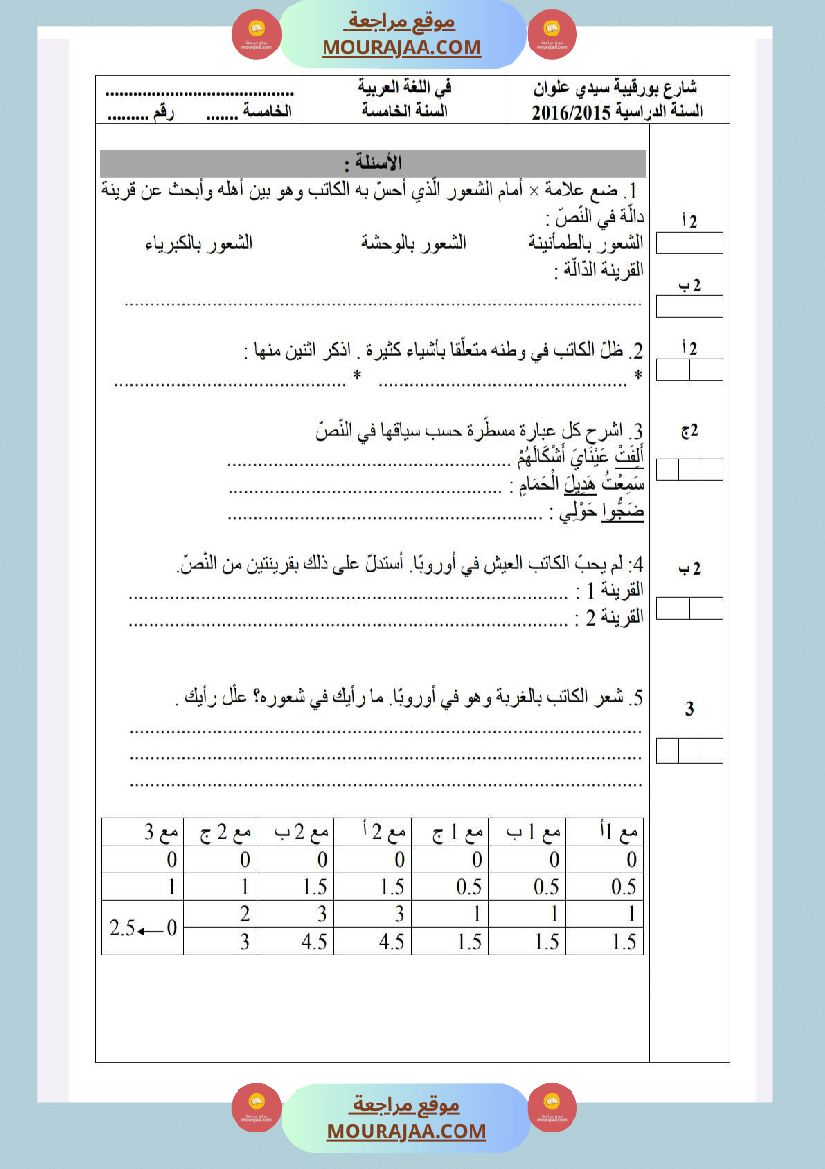 امتحانات قراءة السنة الخامسة الثلاثي الاول