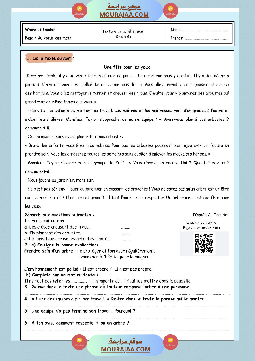 5eme annee lecture comprehension production ecrite correction