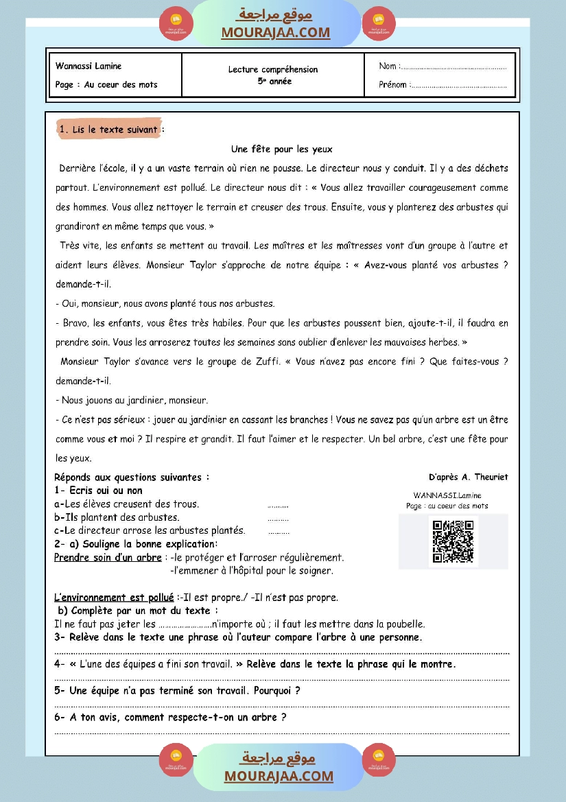 5eme annee lecture comprehension production ecrite correction