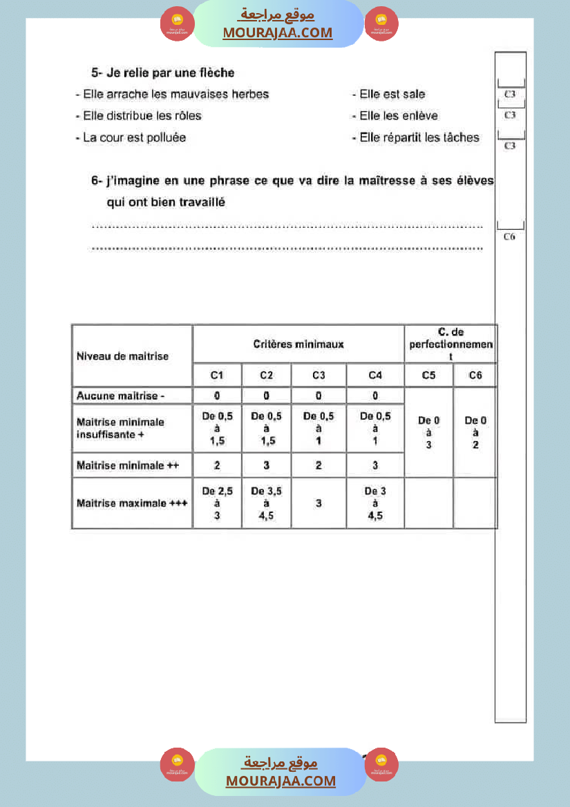تقييمات السنة الخامسة فرنسية الثلاثي الأول