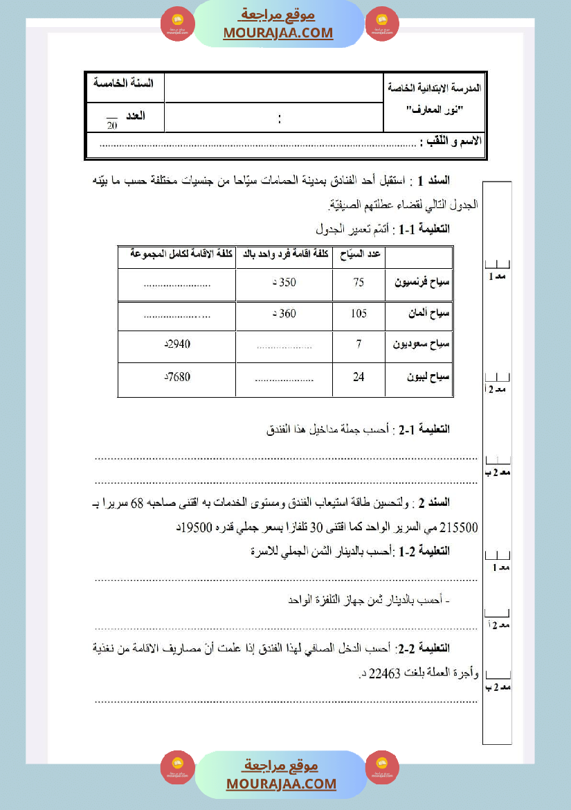 امتحانات رياضيات السنة الخامسة الثلاثي الأول