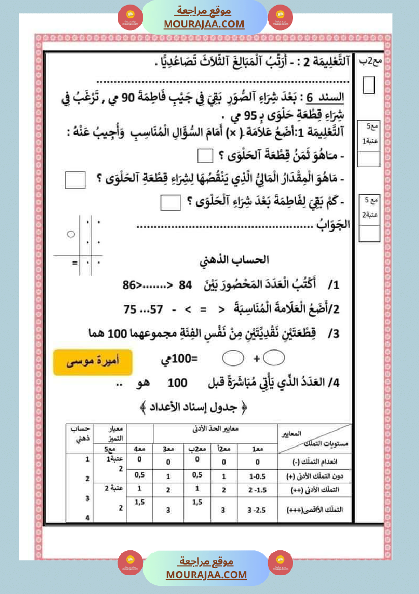 اختبارا في جميع المواد للمراجعة للسنة الثانية
