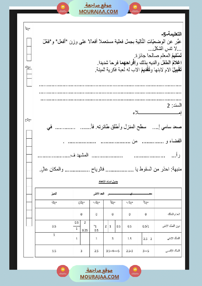 امتحان قواعد لغة الثلاثي الاول السنة الرابعة