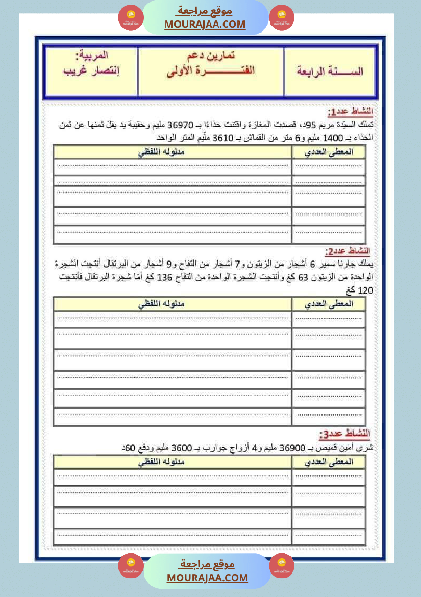 ادماج الفترة الاولى سنة الرابعة رياضيات الثلاثي الاول