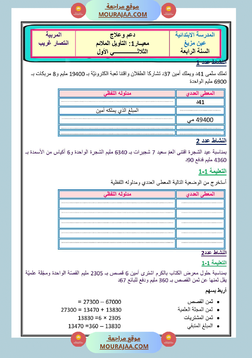 دعم وعلاج سنة رابعة رياضيات