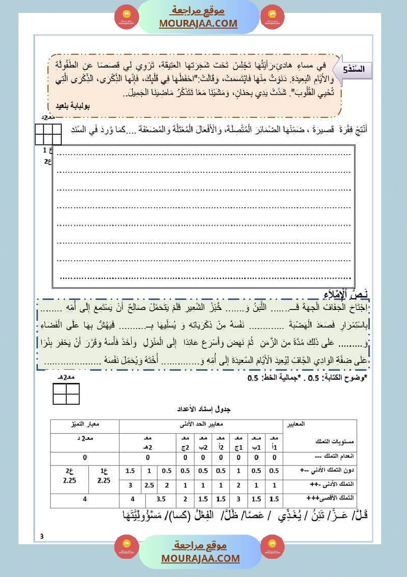 امتحانات التلاثي الأول مجال اللغة العربية السنة السادسة صفحة 3