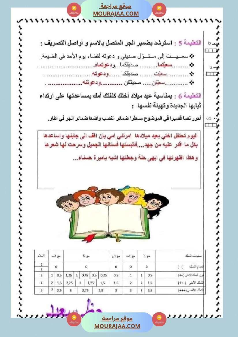 تقييم قواعد اللغة السنة السادسة مرفق بالاصلاح