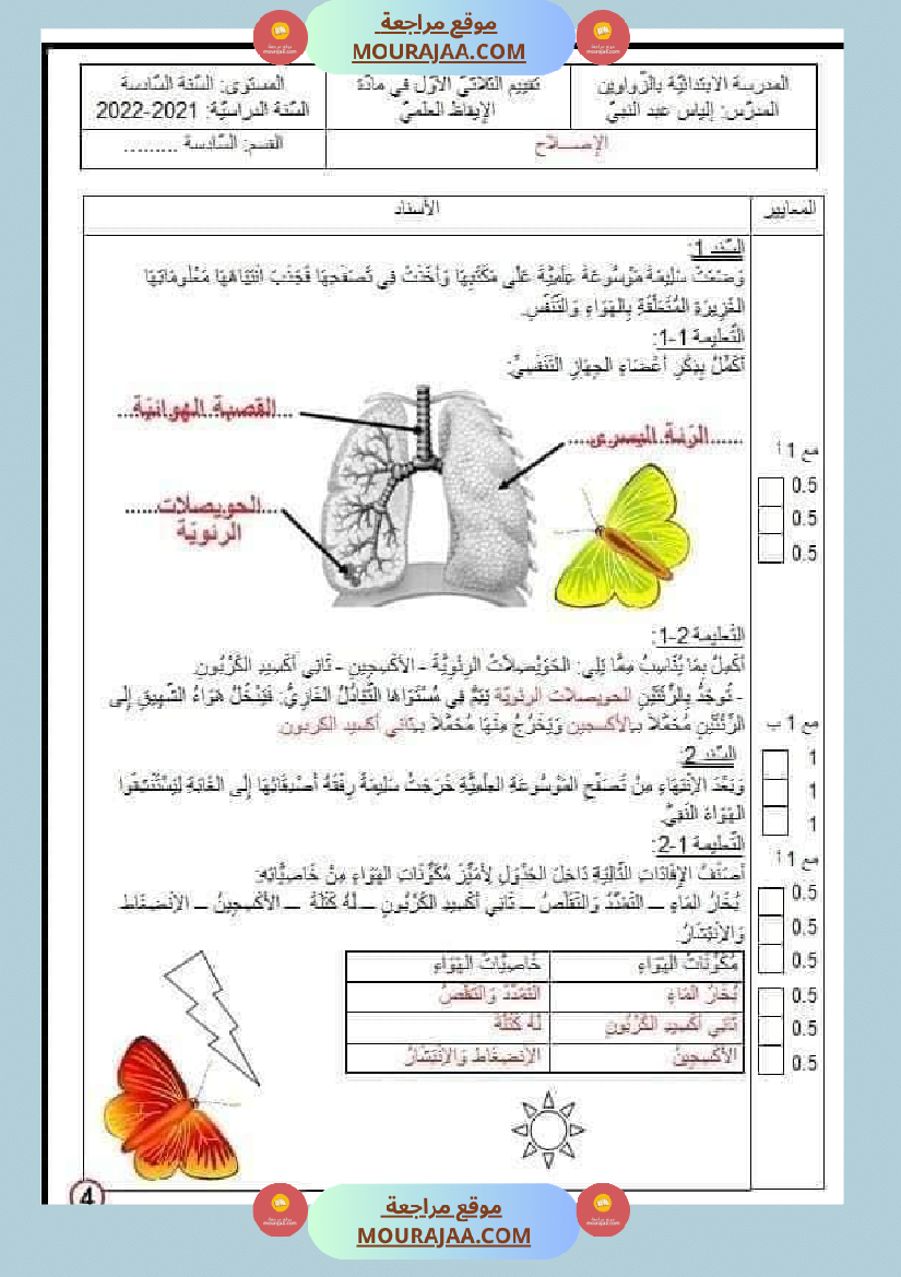 اختبار الثلاثي الأو ل إيقاظ علمي سنة 6 مع الإصلاح