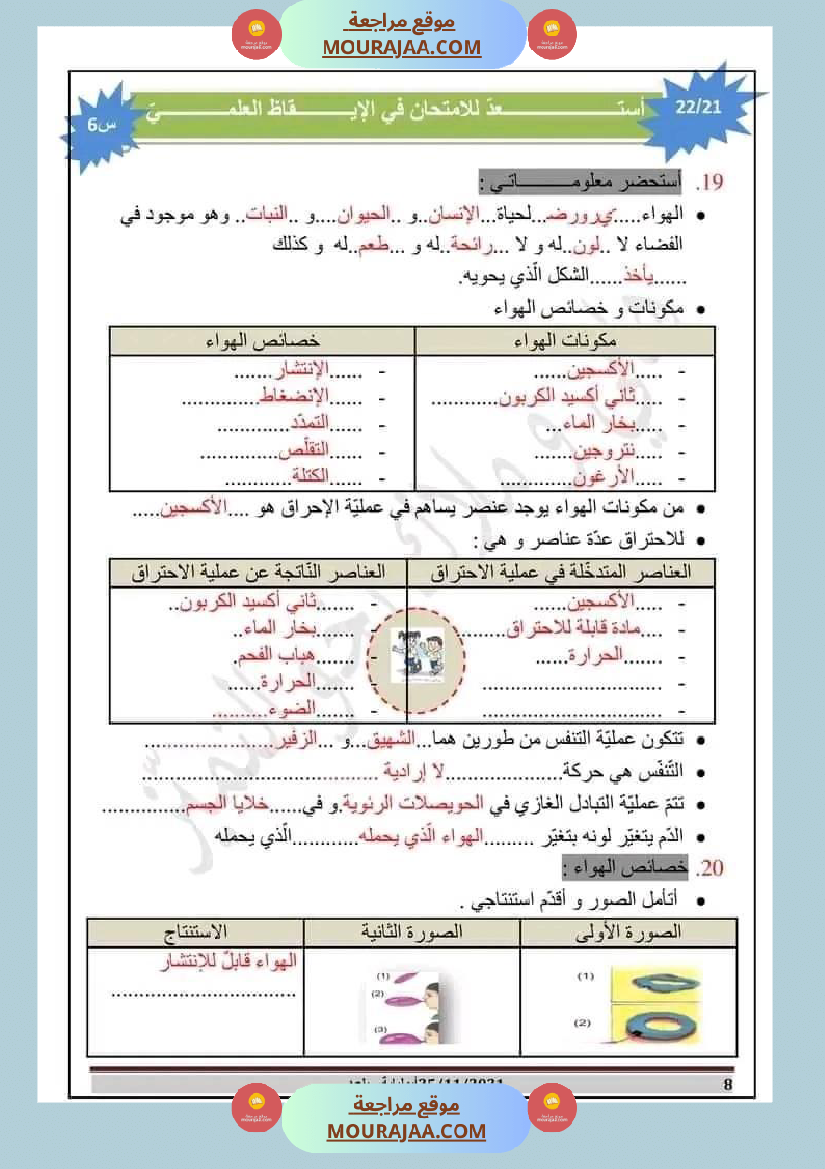مراجعة شاملة لدروس الثلاثي الأول في الايقاظ العلمي السنة السادسة مرفقة بالاصلاح الهواء