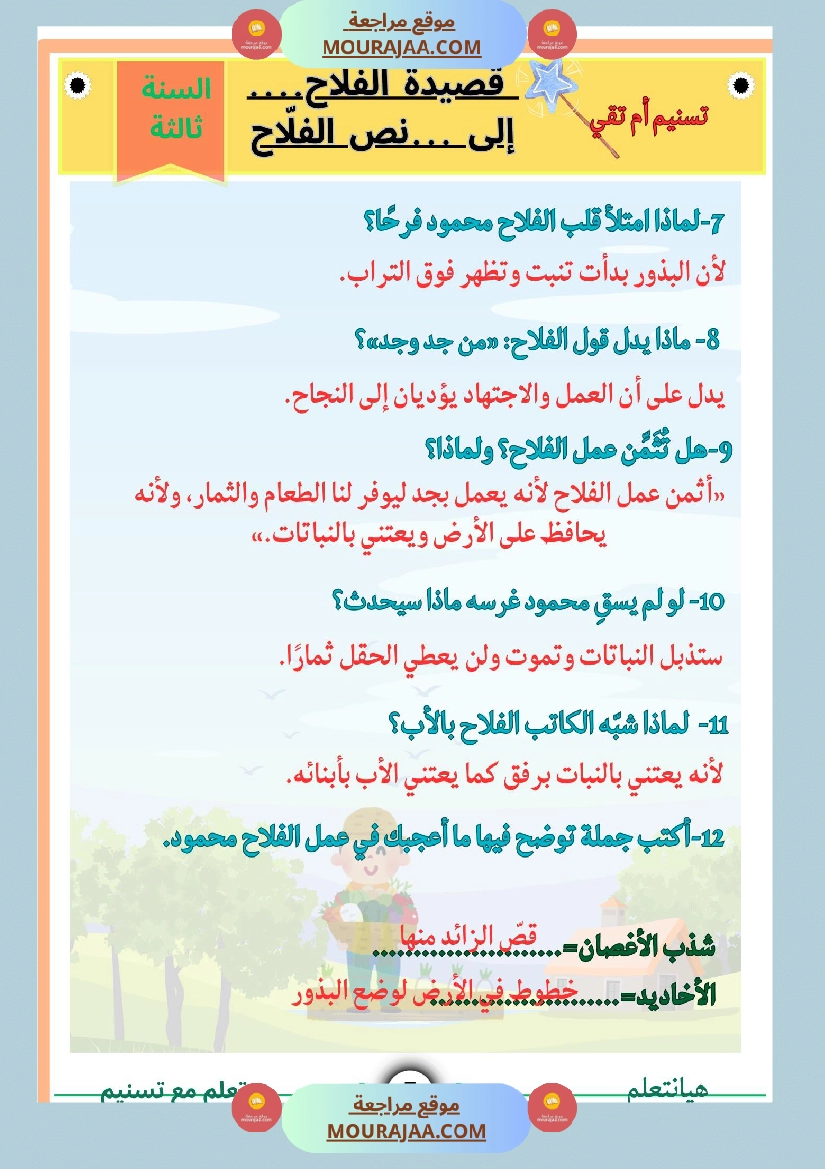 السنة ثالثة قصيدة الفلاح محاولة في شرح أبياتها مرفقة بنص لها بالتصحيح