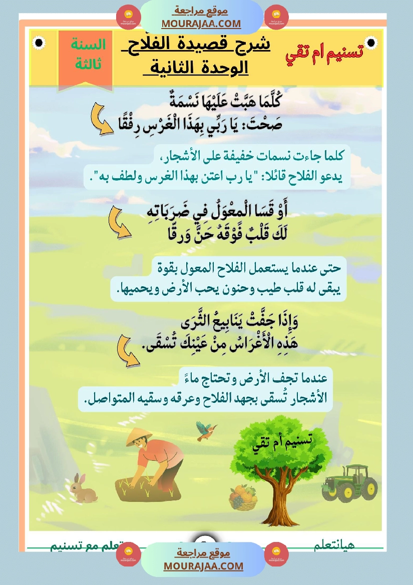 السنة ثالثة قصيدة الفلاح محاولة في شرح أبياتها مرفقة بنص لها بالتصحيح صفحة 7