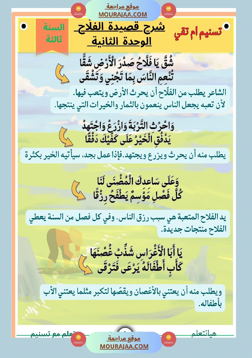 السنة ثالثة قصيدة الفلاح محاولة في شرح أبياتها مرفقة بنص لها بالتصحيح صفحة 8