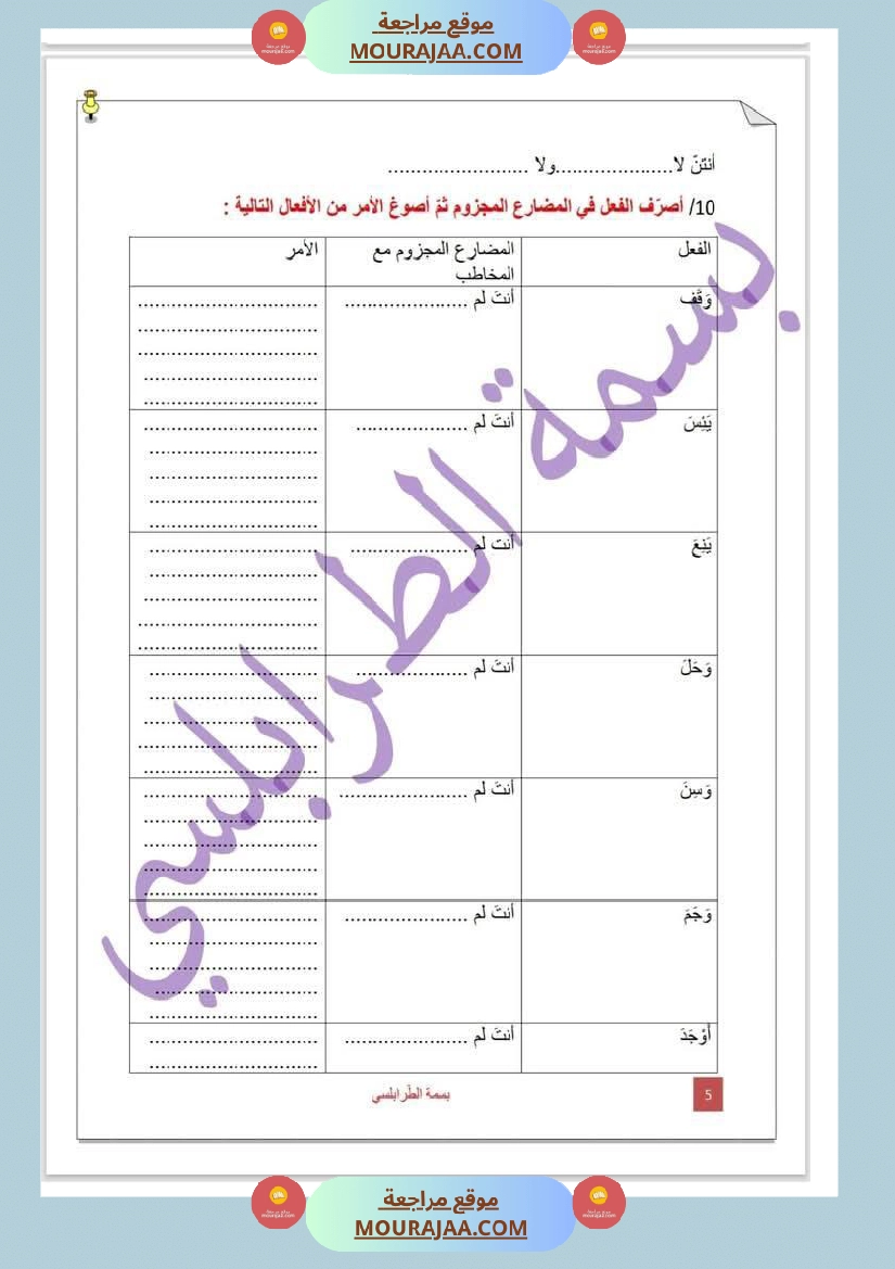 تمارين حول درس تصريف المثال لأبطال السنة الخامسة صفحة 5