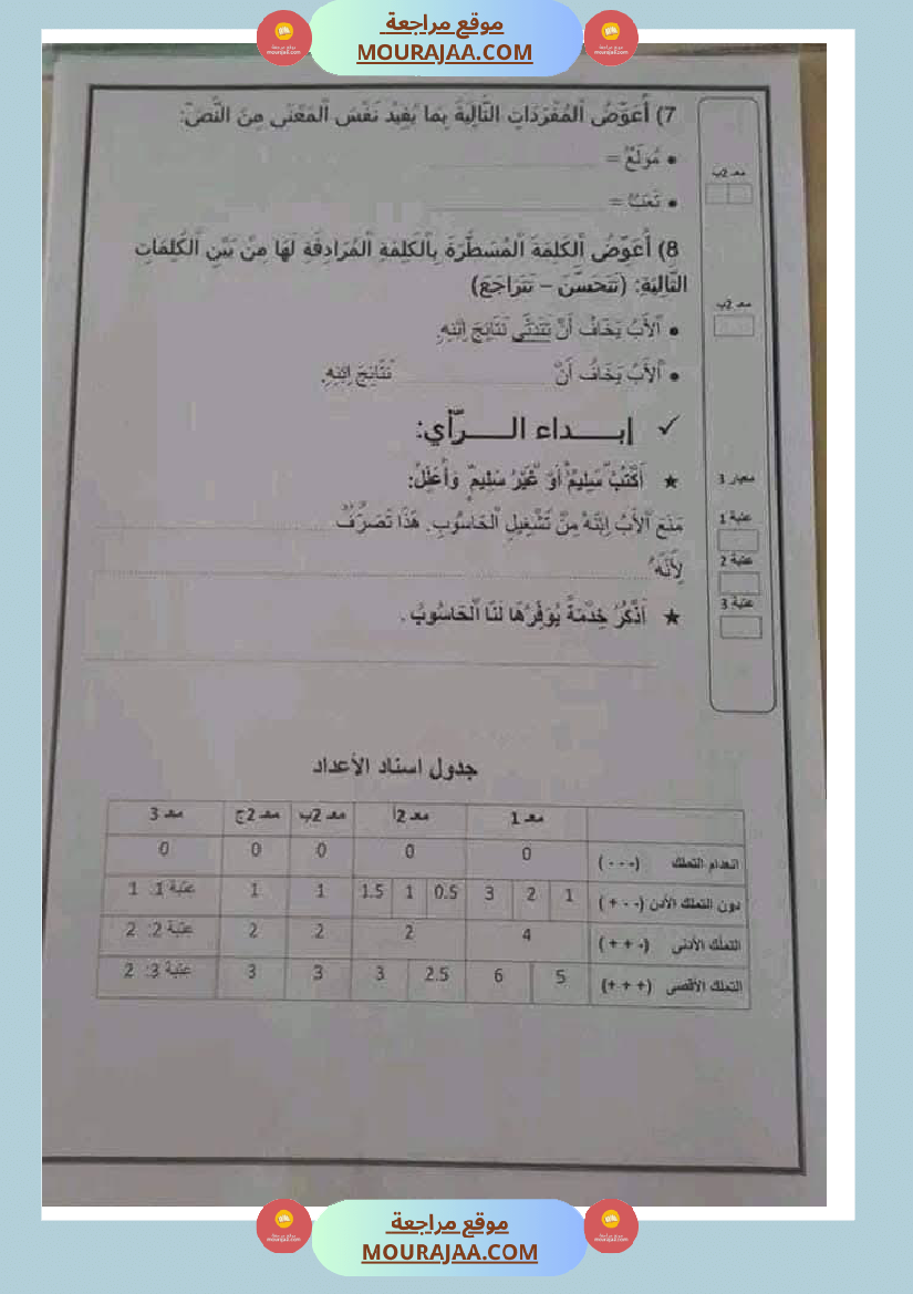 تقييم_الوحدة_الرابعة_للسنة_الثانية_انتاج_كتابي