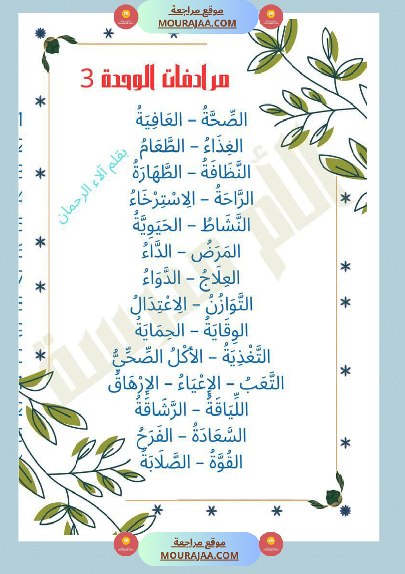 مرادفات الوحدة الثالثة والرابعة لأبطال السنة الثانية