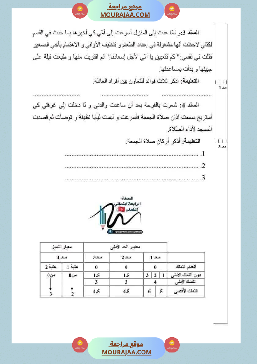 اختبارات تربية اسلامية ثلاثي ثاني لأبطال السنة الرابعة