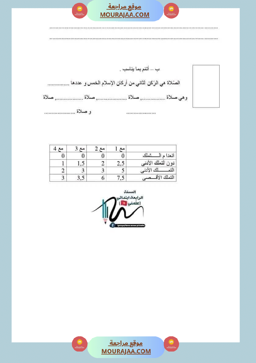 اختبارات تربية اسلامية ثلاثي ثاني لأبطال السنة الرابعة